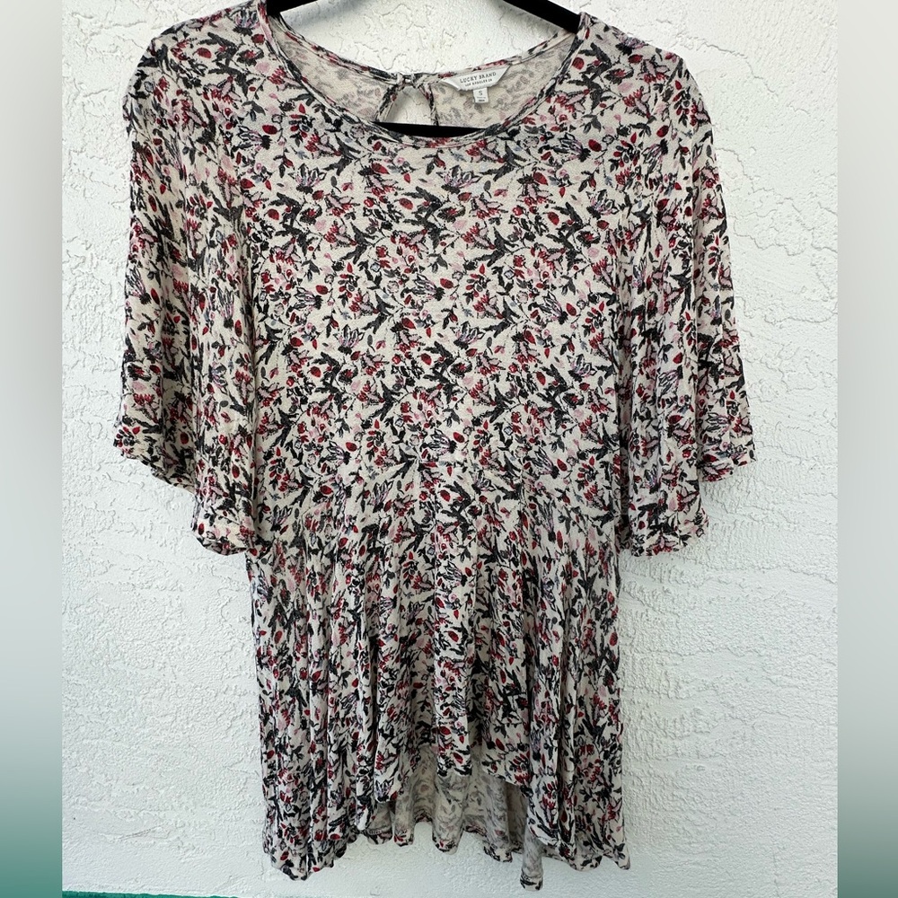Lucky Brand Floral Peplum Peep Back Button Flutter Short Sleeve Small Top